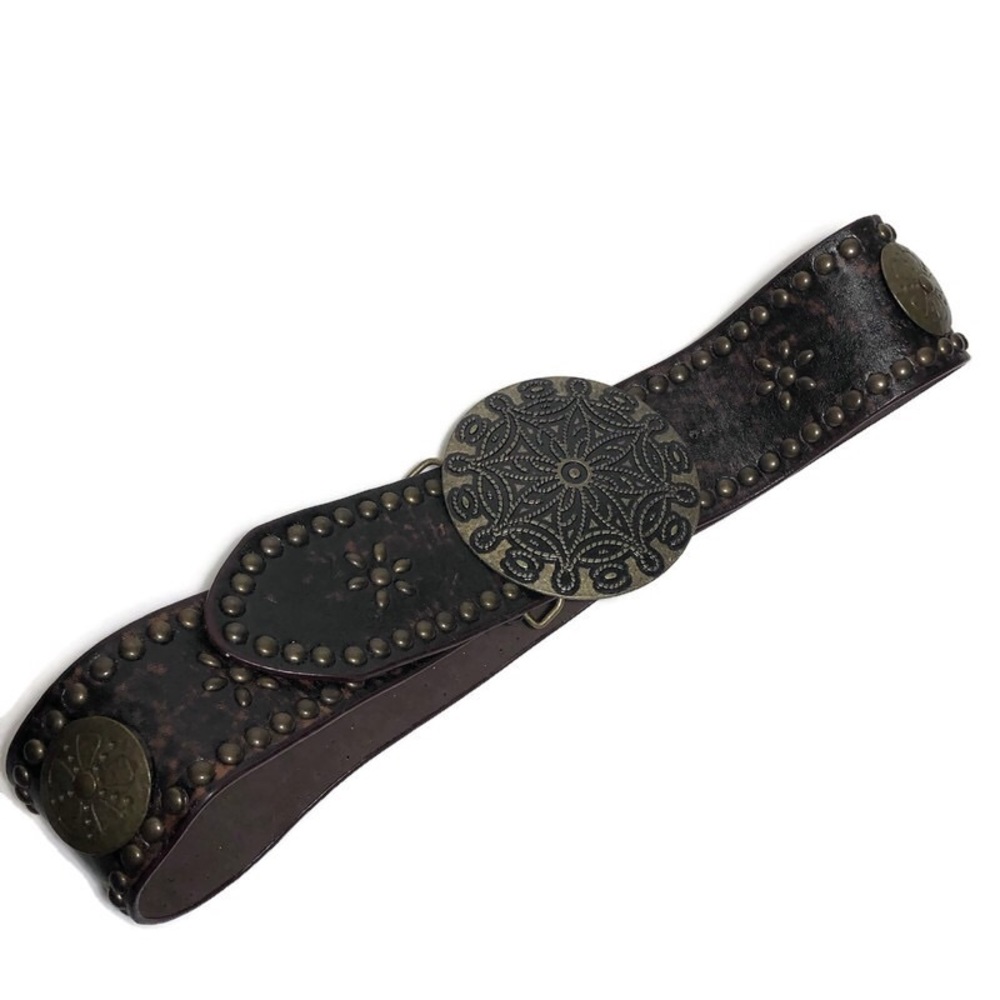 Leather belt with 4” metal buckle 38” long. C22